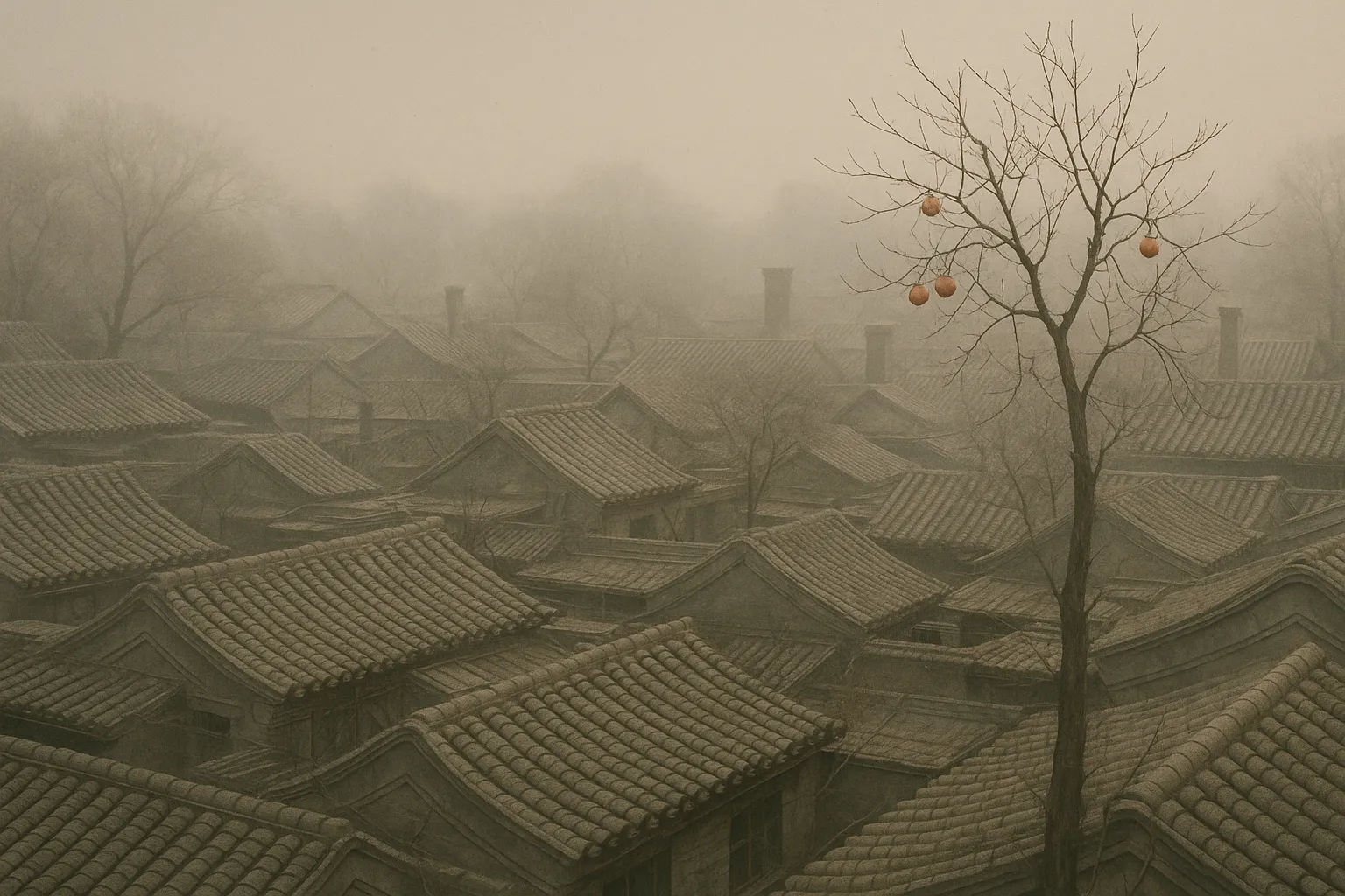 Old Beijing rooftops on a misty morning.